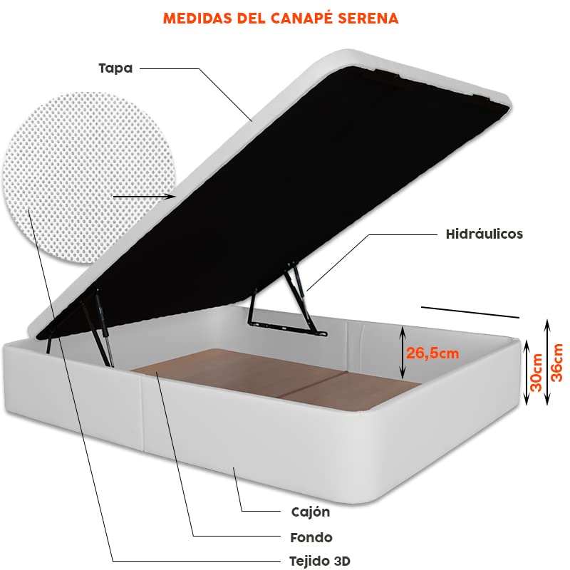 Ventadecolchones - Canapé Abatible Serena Gran Capacidad, Tapizado en Terciopelo Gris con Tapa en Tejido 3D Transpirable, 120 x 180 cm