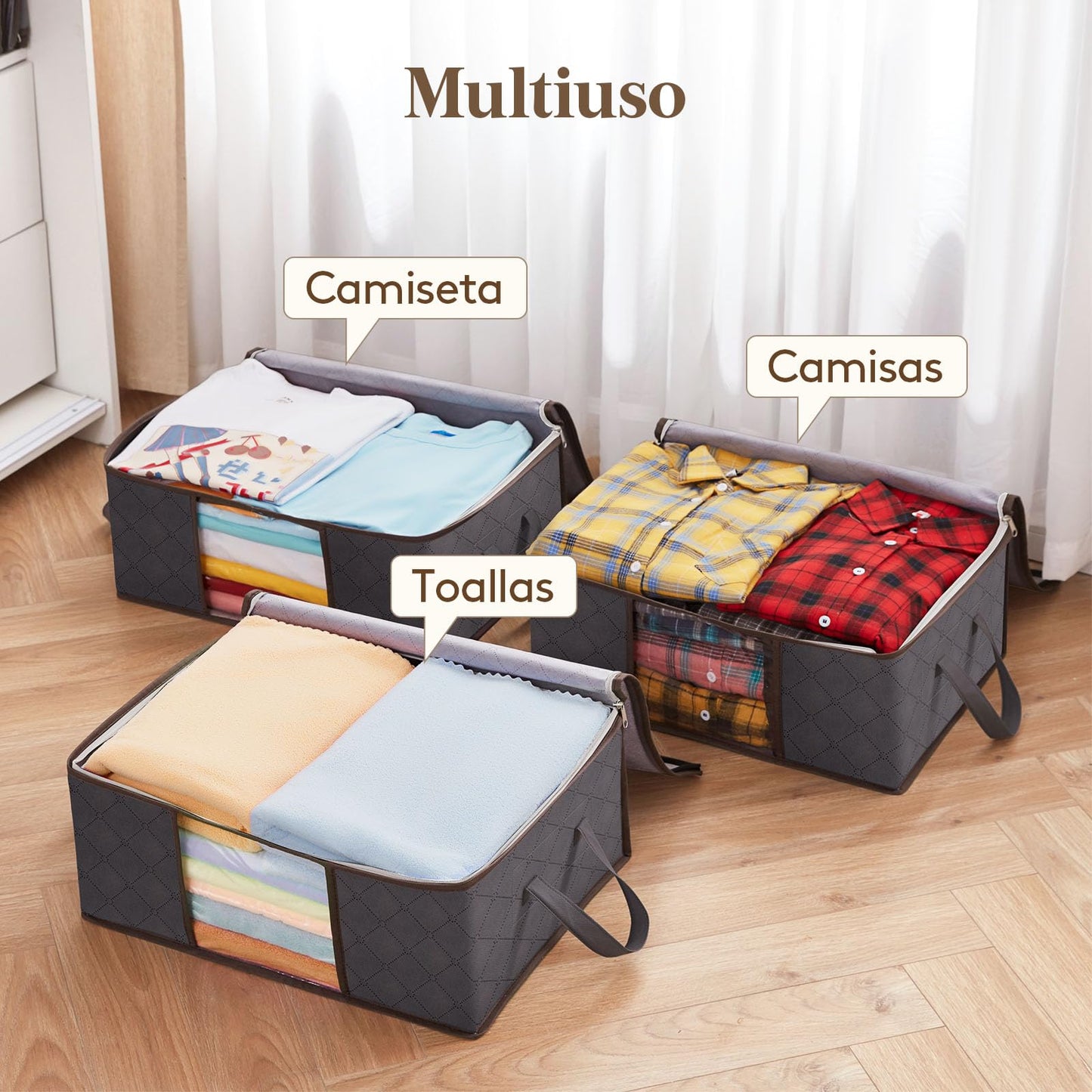Lifewit 3 Piezas Organizador Ropa, Cajas Almacenaje Ropa Plegable con Asa Reforzada, Bolsas para Guardar Ropa de Tejido Resistente y Ventana Transparente para Suéteres, Abrigos, Mantas, 35L, Gris