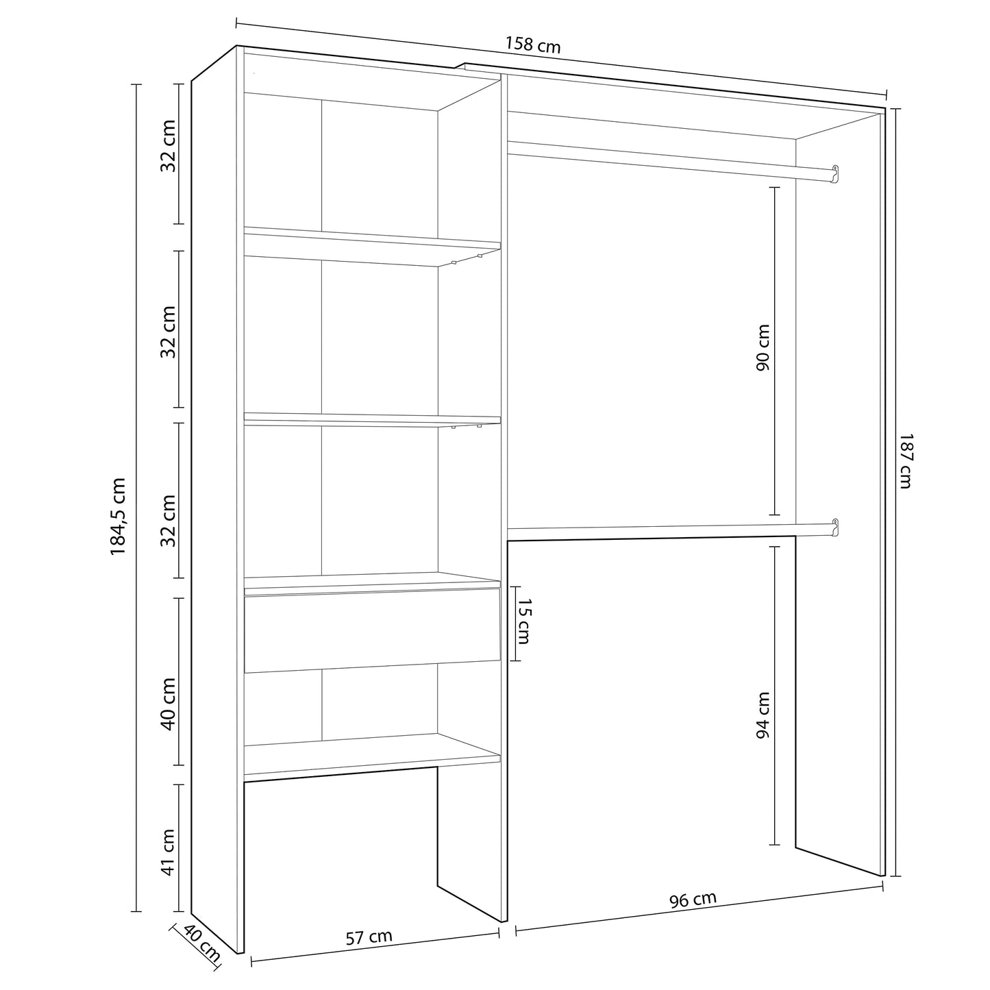 Habitdesign Armario Vestidor, Armario 2 Barras 4 Estantes 1 Cajón, 187x158x40 (AltoxAnchoxFondo - en cm), Vestidor Reversible Color Blanco Artik y Roble
