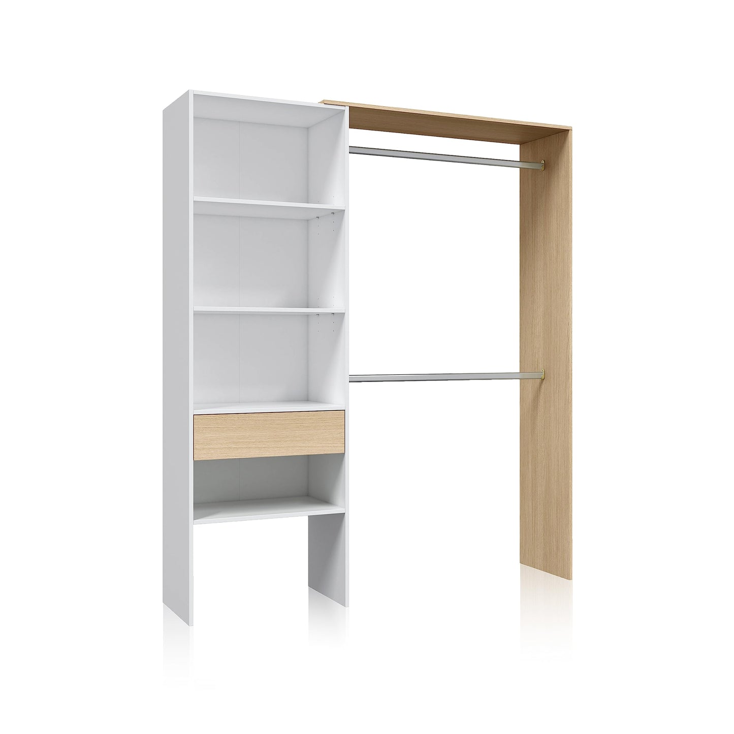 Habitdesign Armario Vestidor, Armario 2 Barras 4 Estantes 1 Cajón, 187x158x40 (AltoxAnchoxFondo - en cm), Vestidor Reversible Color Blanco Artik y Roble