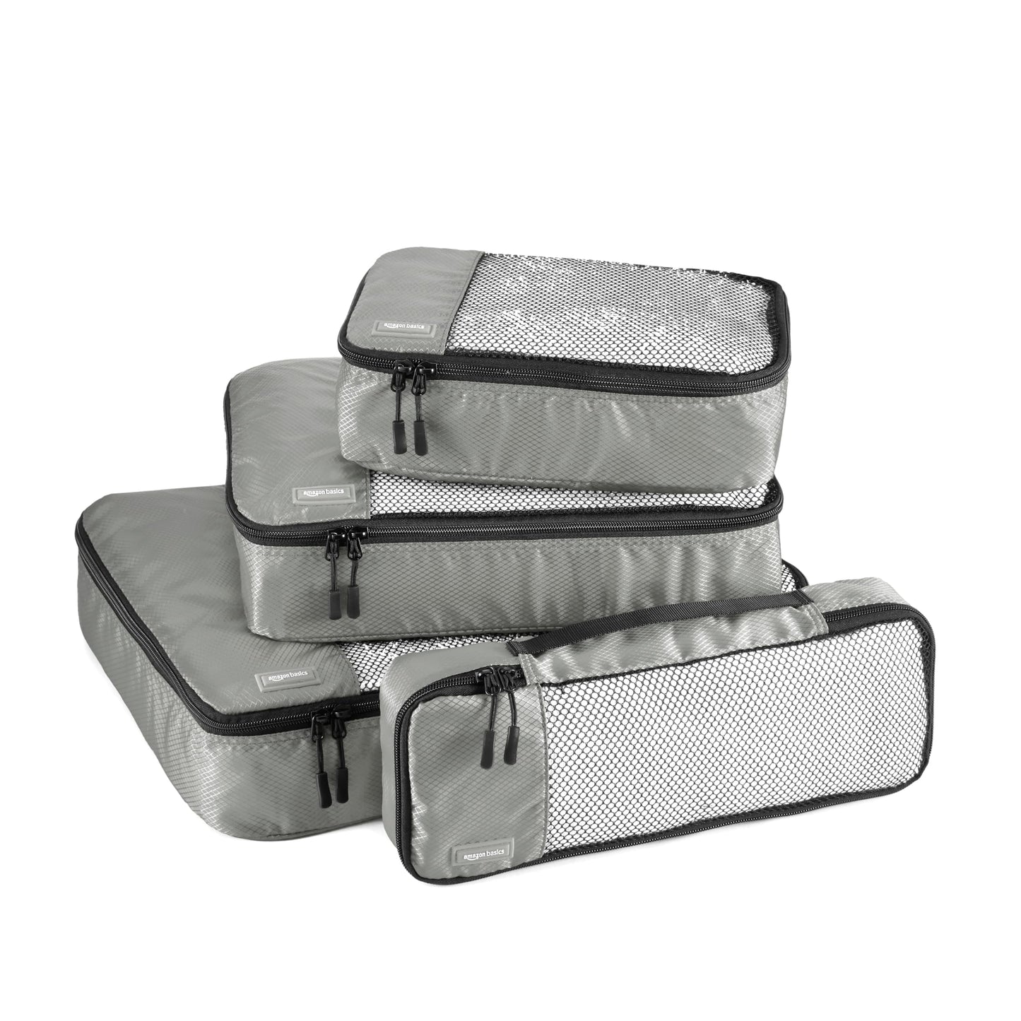 Amazon Basics Organizador Para Maletas, Organizadores de Viaje, con Cremallera, Juego de 4 Bolsas, Grande/Mediano/Pequeño/Delgado, Gris