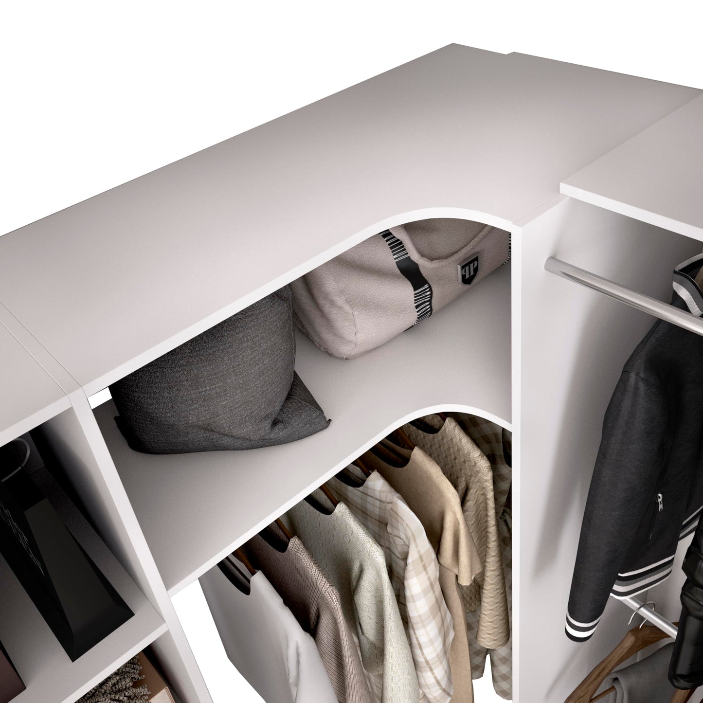 DEKIT GRUPO RIMOBEL SUIT - Conjunto de Vestidor rinconero con dos columnas, zona de barras y cortina - Blanco - 205 x 164-214 x 141 cm