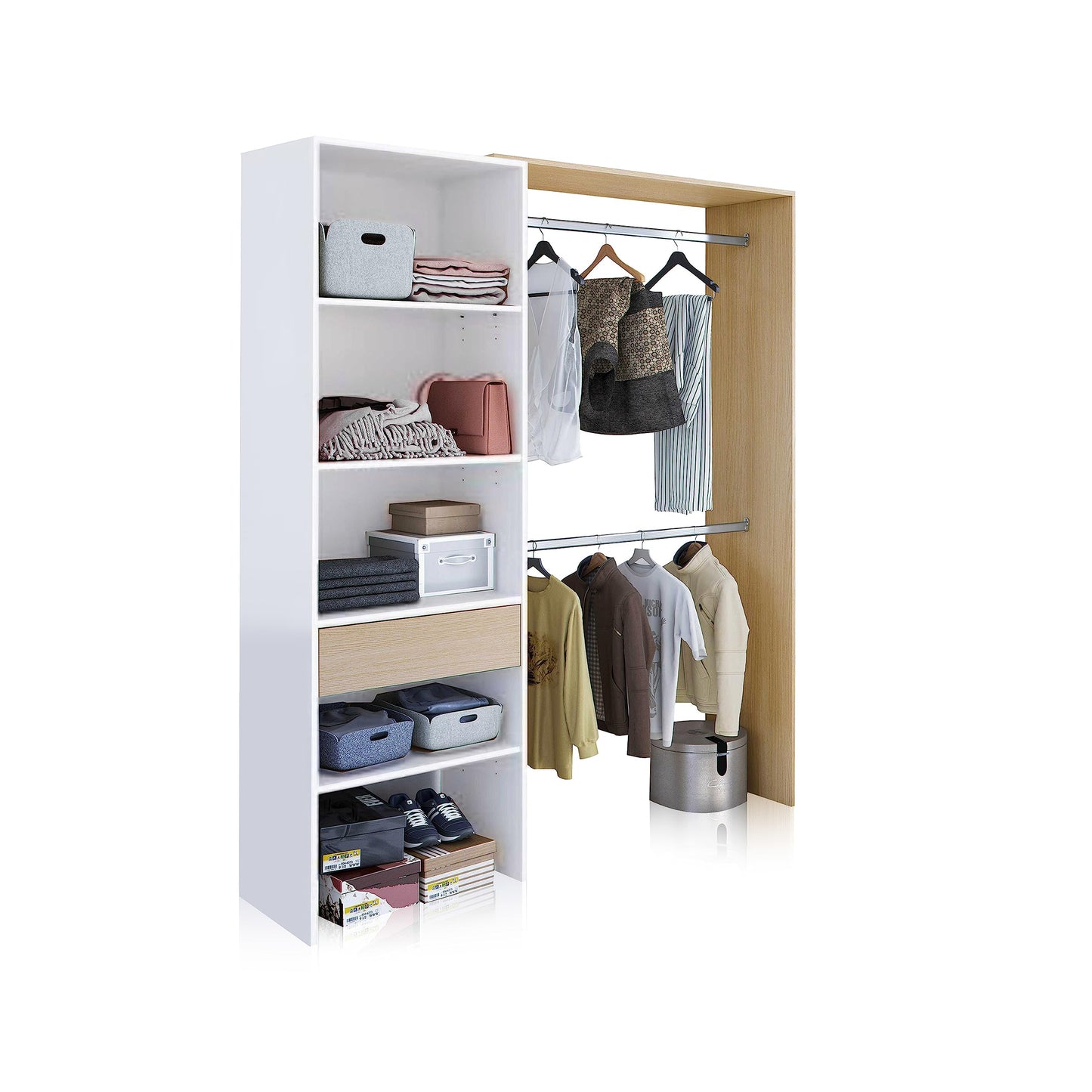 Habitdesign Armario Vestidor, Armario 2 Barras 4 Estantes 1 Cajón, 187x158x40 (AltoxAnchoxFondo - en cm), Vestidor Reversible Color Blanco Artik y Roble