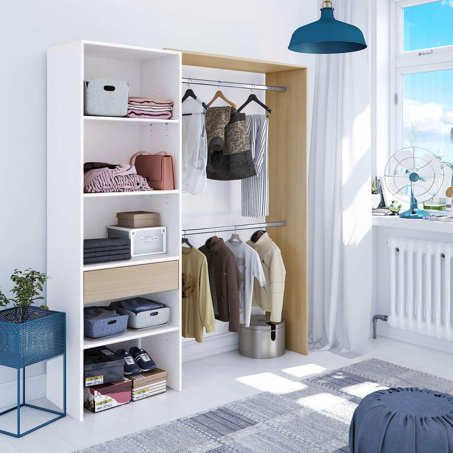 Habitdesign Armario Vestidor, Armario 2 Barras 4 Estantes 1 Cajón, 187x158x40 (AltoxAnchoxFondo - en cm), Vestidor Reversible Color Blanco Artik y Roble