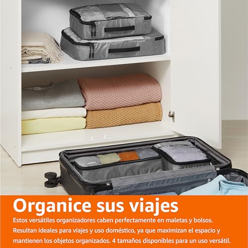 Amazon Basics Organizador Para Maletas, Organizadores de Viaje, con Cremallera, Juego de 4 Bolsas, Grande/Mediano/Pequeño/Delgado, Gris