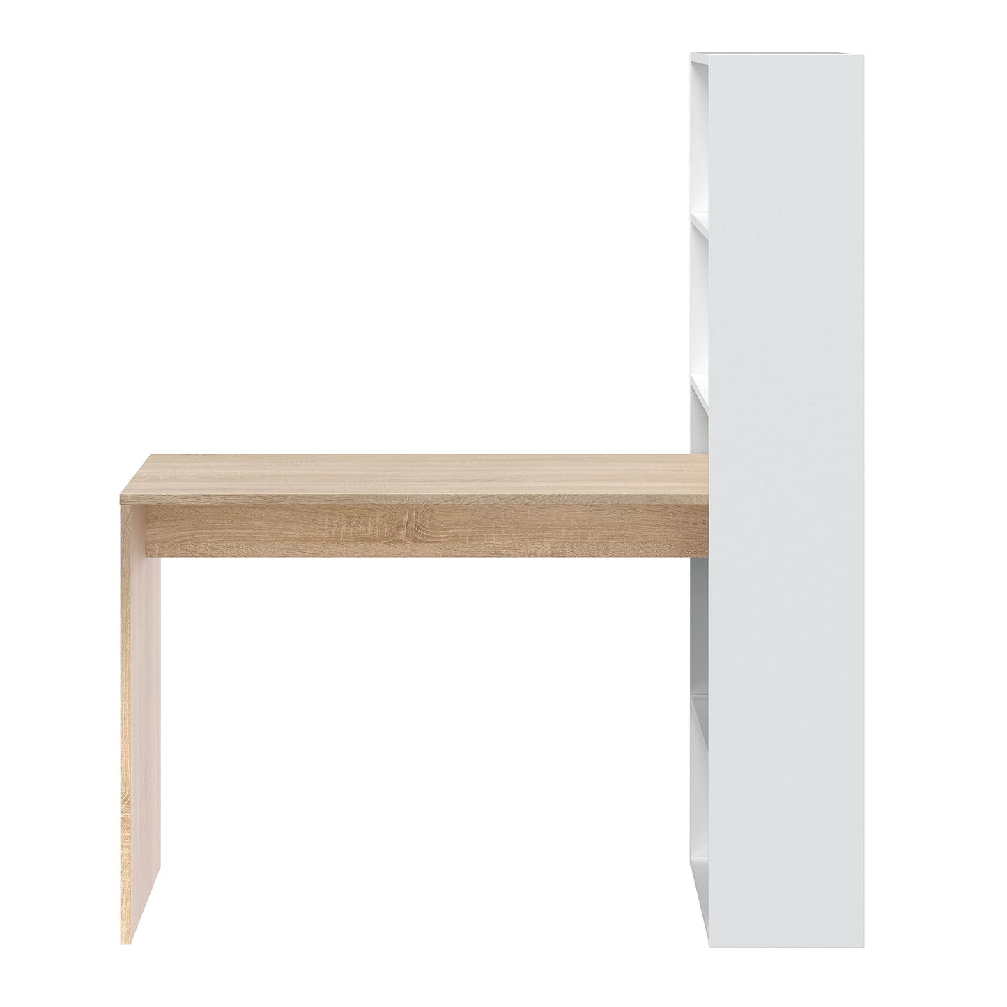 Habitdesign Escritorio con Estanteria Reversible, Mesa de Ordenador, Blanco Artik y Roble Canadian, Modelo Duplo, Medidas: 120 cm (Ancho) x 53 cm (Fondo) x 144 cm (Alto)