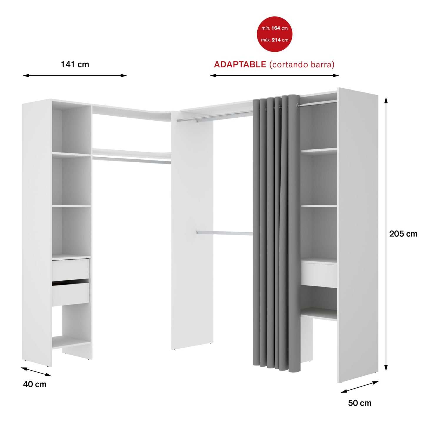 DEKIT GRUPO RIMOBEL SUIT - Conjunto de Vestidor rinconero con dos columnas, zona de barras y cortina - Blanco - 205 x 164-214 x 141 cm