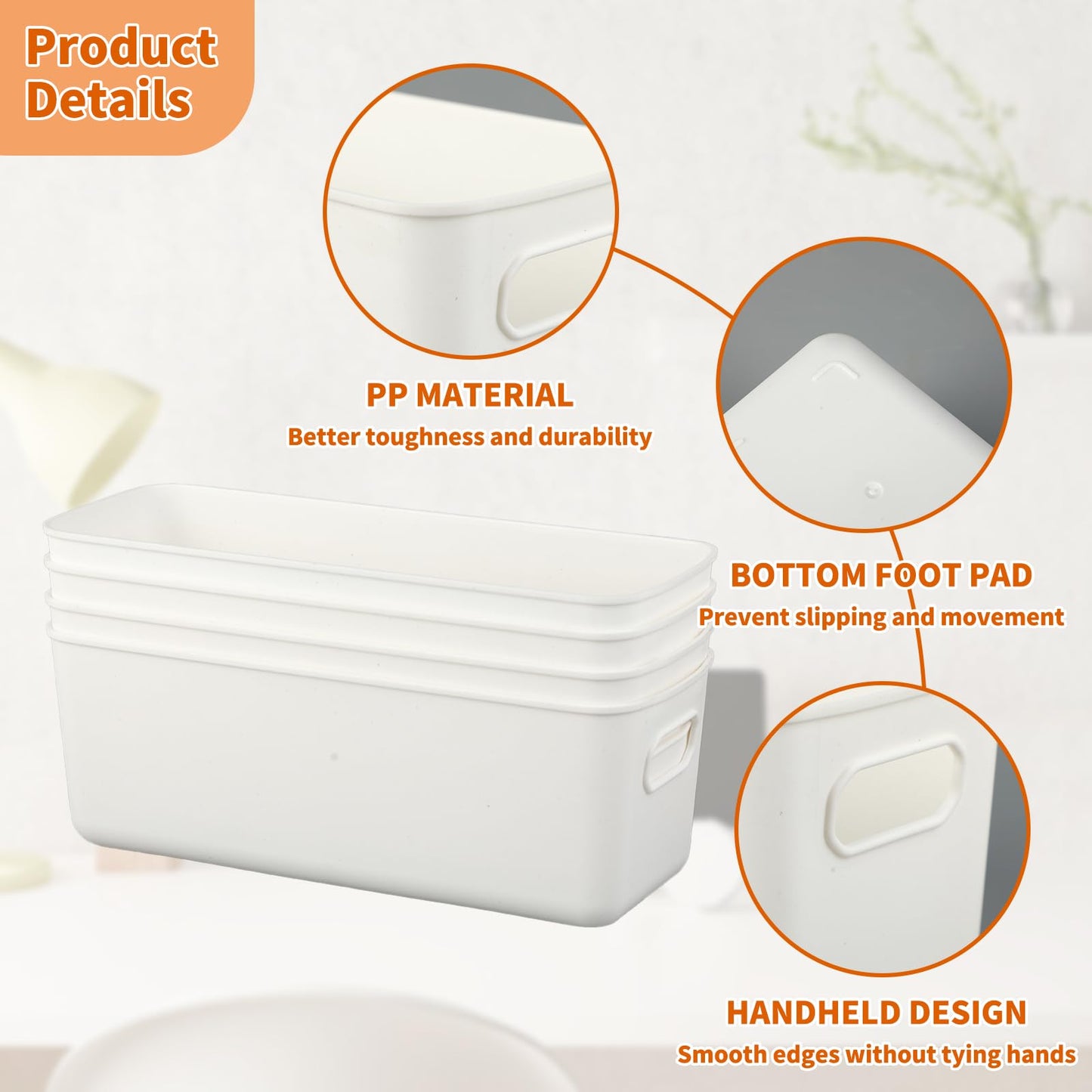 Bafumiu Pack de 4 Cajas de Almacenaje de Plástico 27 cm, Pequeñas Cestas Organizadoras Blancas, Perfectas para Cocina, Baño, Estantes, Diseño Práctico y Versátil para Usos Múltiples.