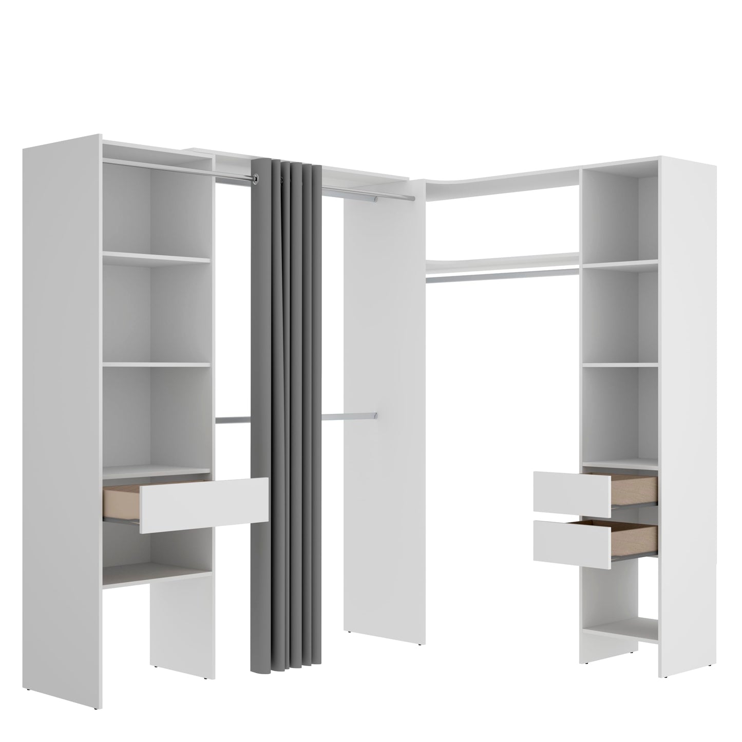 DEKIT GRUPO RIMOBEL SUIT - Conjunto de Vestidor rinconero con dos columnas, zona de barras y cortina - Blanco - 205 x 164-214 x 141 cm