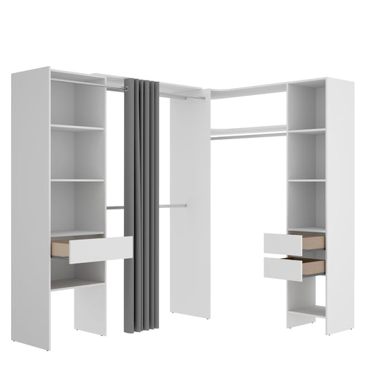 DEKIT GRUPO RIMOBEL SUIT - Conjunto de Vestidor rinconero con dos columnas, zona de barras y cortina - Blanco - 205 x 164-214 x 141 cm