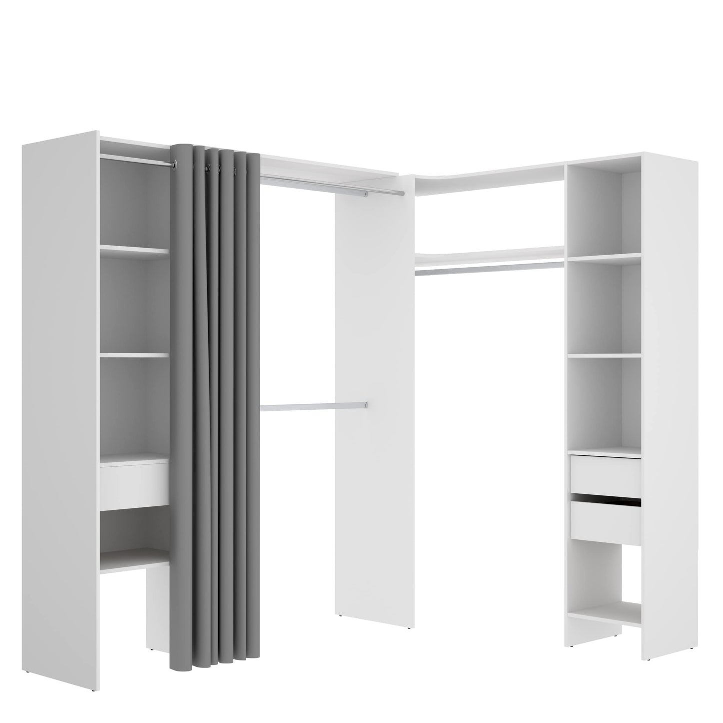 DEKIT GRUPO RIMOBEL SUIT - Conjunto de Vestidor rinconero con dos columnas, zona de barras y cortina - Blanco - 205 x 164-214 x 141 cm