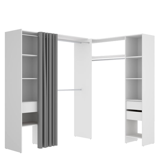 DEKIT GRUPO RIMOBEL SUIT - Conjunto de Vestidor rinconero con dos columnas, zona de barras y cortina - Blanco - 205 x 164-214 x 141 cm