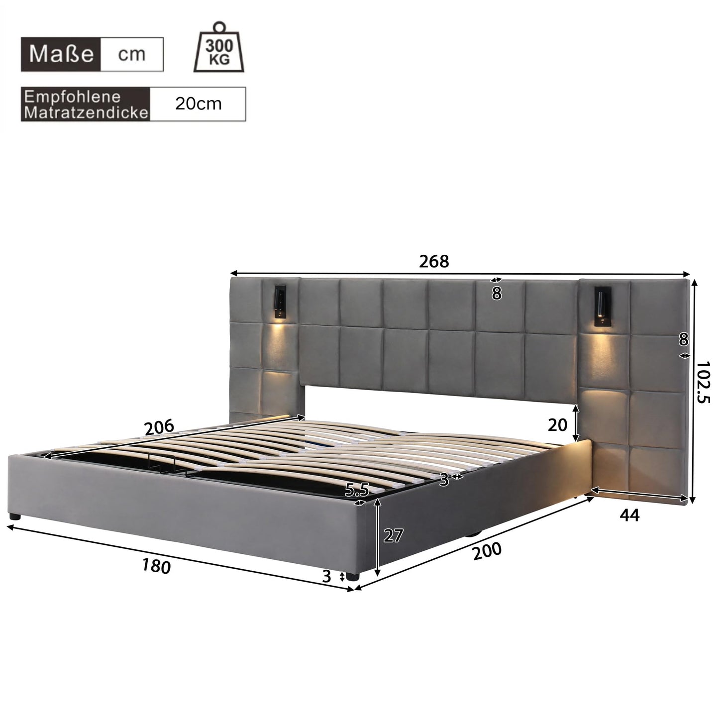 Fppuueg Cama Tapizada de 180x200cm, Cabecero Tapizado con USB y 2 Luces de Lectura, Estructura de Cama Doble con Soporte de Láminas de Madera y Almacenamiento Hidráulica, Sin Colchon, Terciopelo, Gris