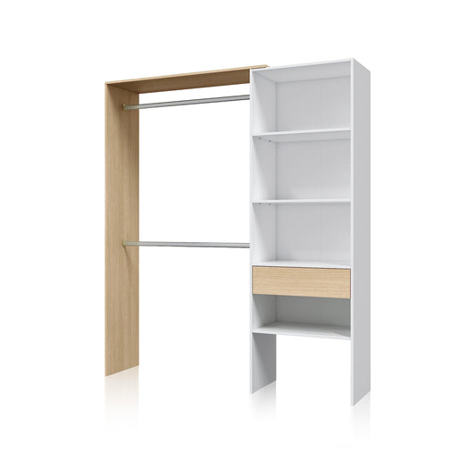 Habitdesign Armario Vestidor, Armario 2 Barras 4 Estantes 1 Cajón, 187x158x40 (AltoxAnchoxFondo - en cm), Vestidor Reversible Color Blanco Artik y Roble