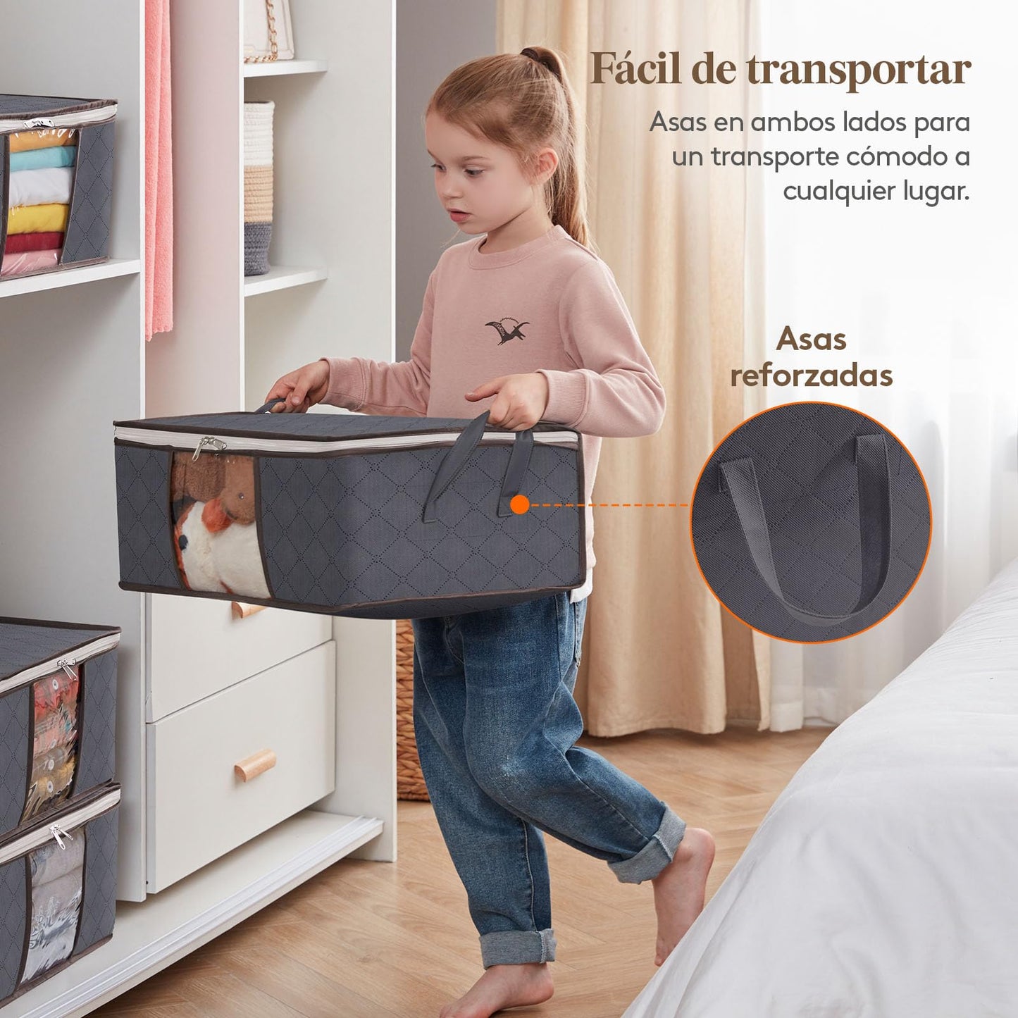 Lifewit 3 Piezas Organizador Ropa, Cajas Almacenaje Ropa Plegable con Asa Reforzada, Bolsas para Guardar Ropa de Tejido Resistente y Ventana Transparente para Suéteres, Abrigos, Mantas, 35L, Gris