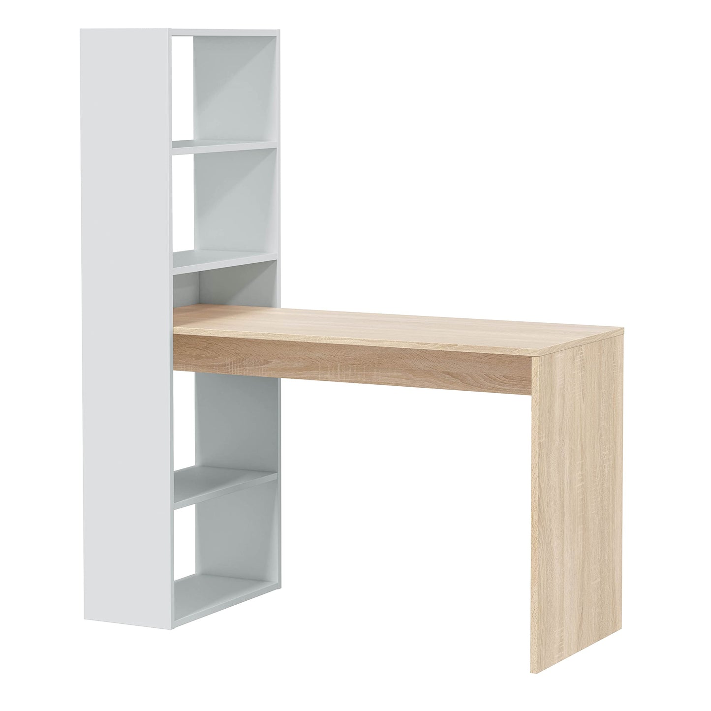 Habitdesign Escritorio con Estanteria Reversible, Mesa de Ordenador, Blanco Artik y Roble Canadian, Modelo Duplo, Medidas: 120 cm (Ancho) x 53 cm (Fondo) x 144 cm (Alto)