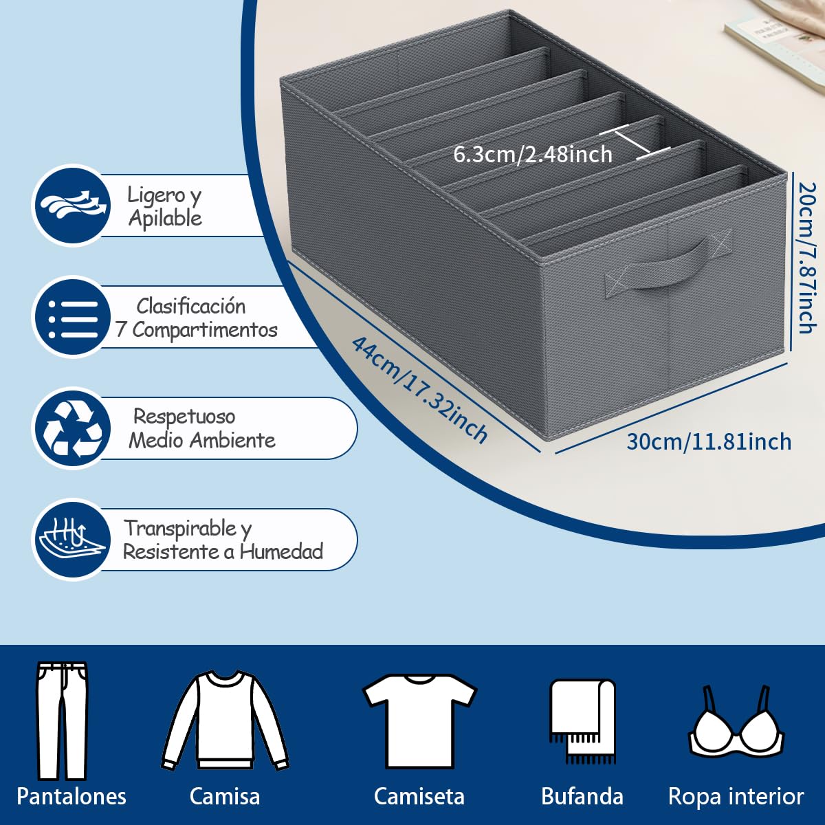 Niviy Organizador Armario Ropa Caja Ordenar Pantalones Plegable para Jeans,Bufanda,Camisetas Separadores De Cajones con 7 Compartimentos 44x30x20cm 2PCS