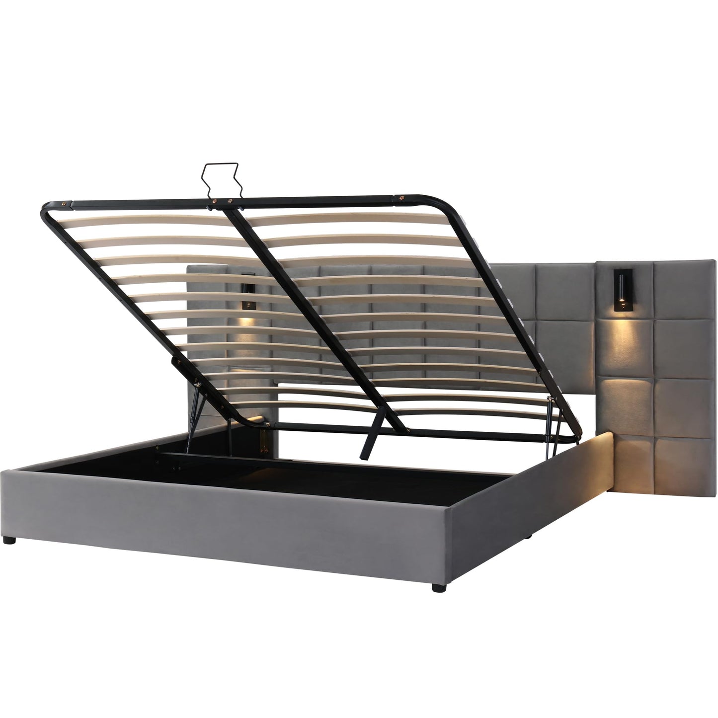Fppuueg Cama Tapizada de 180x200cm, Cabecero Tapizado con USB y 2 Luces de Lectura, Estructura de Cama Doble con Soporte de Láminas de Madera y Almacenamiento Hidráulica, Sin Colchon, Terciopelo, Gris