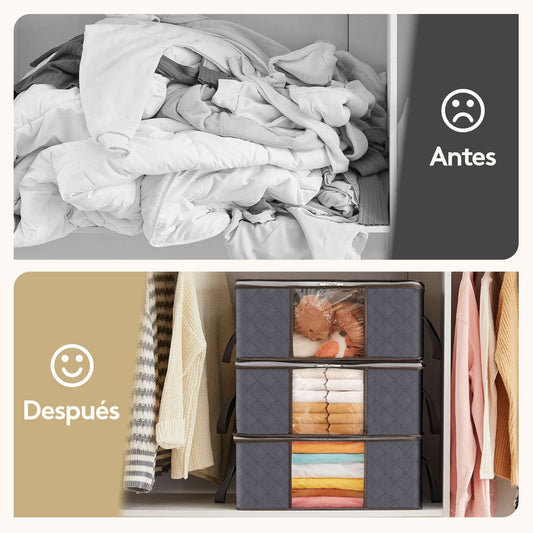 Lifewit 3 Piezas Organizador Ropa, Cajas Almacenaje Ropa Plegable con Asa Reforzada, Bolsas para Guardar Ropa de Tejido Resistente y Ventana Transparente para Suéteres, Abrigos, Mantas, 35L, Gris
