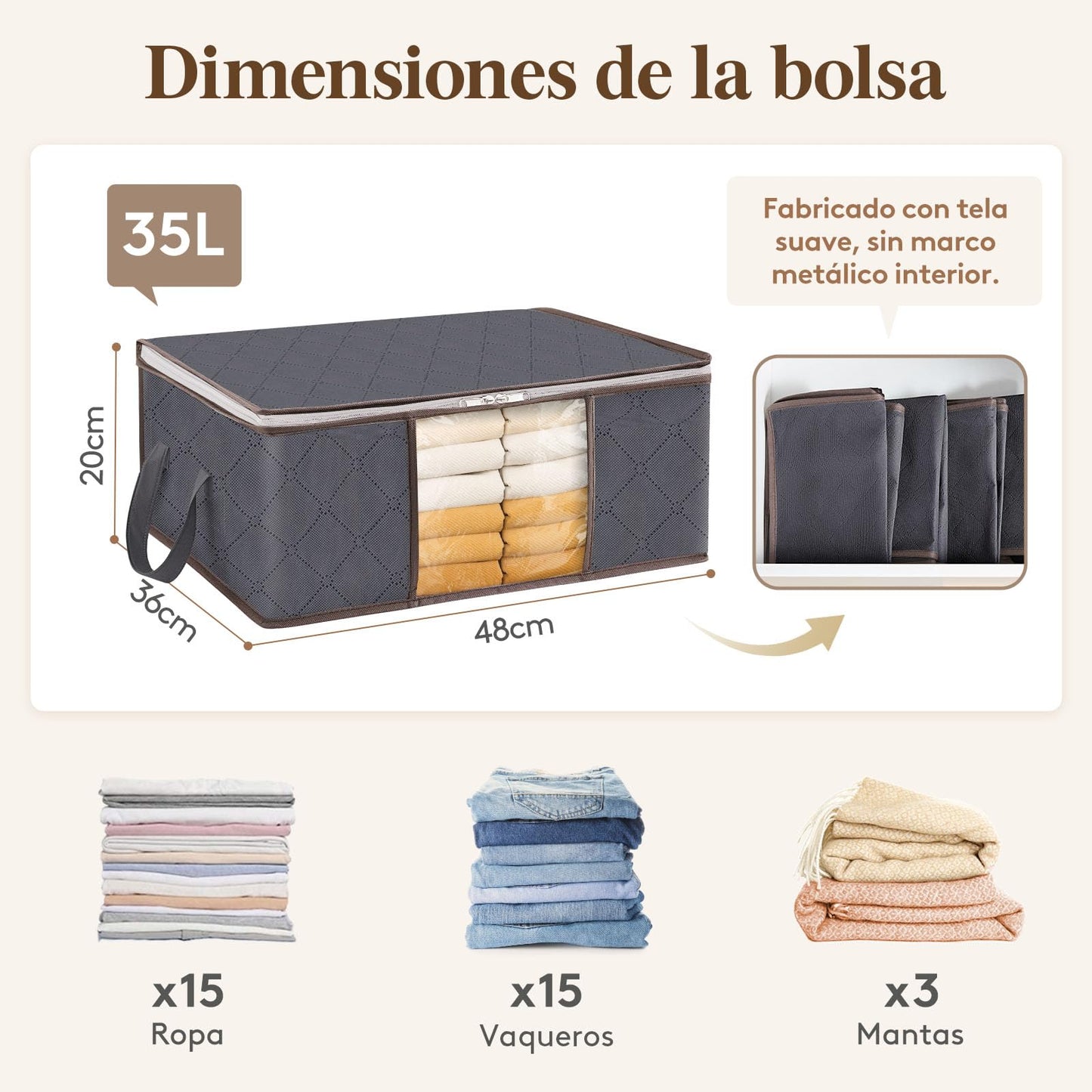 Lifewit 3 Piezas Organizador Ropa, Cajas Almacenaje Ropa Plegable con Asa Reforzada, Bolsas para Guardar Ropa de Tejido Resistente y Ventana Transparente para Suéteres, Abrigos, Mantas, 35L, Gris
