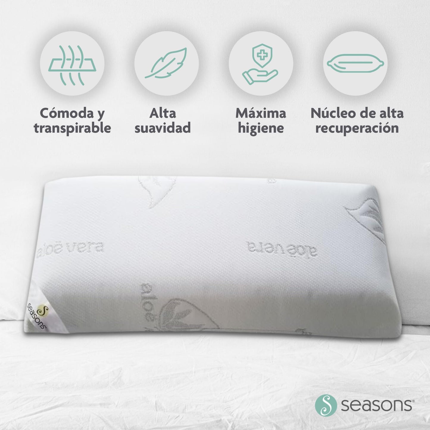 SEASONS - Pack 2 Almohadas Viscoelásticas 70 cm, Antiácaros y Antibacterias, Tejido con Hilo de Plata y Aloe Vera, Doble Funda, Tratamiento con Limpieza de Ozono, Fabricado en España