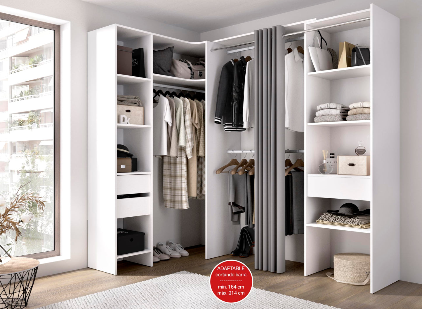 DEKIT GRUPO RIMOBEL SUIT - Conjunto de Vestidor rinconero con dos columnas, zona de barras y cortina - Blanco - 205 x 164-214 x 141 cm