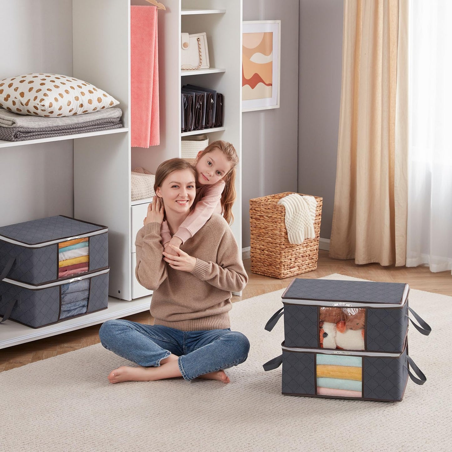 Lifewit 3 Piezas Organizador Ropa, Cajas Almacenaje Ropa Plegable con Asa Reforzada, Bolsas para Guardar Ropa de Tejido Resistente y Ventana Transparente para Suéteres, Abrigos, Mantas, 35L, Gris