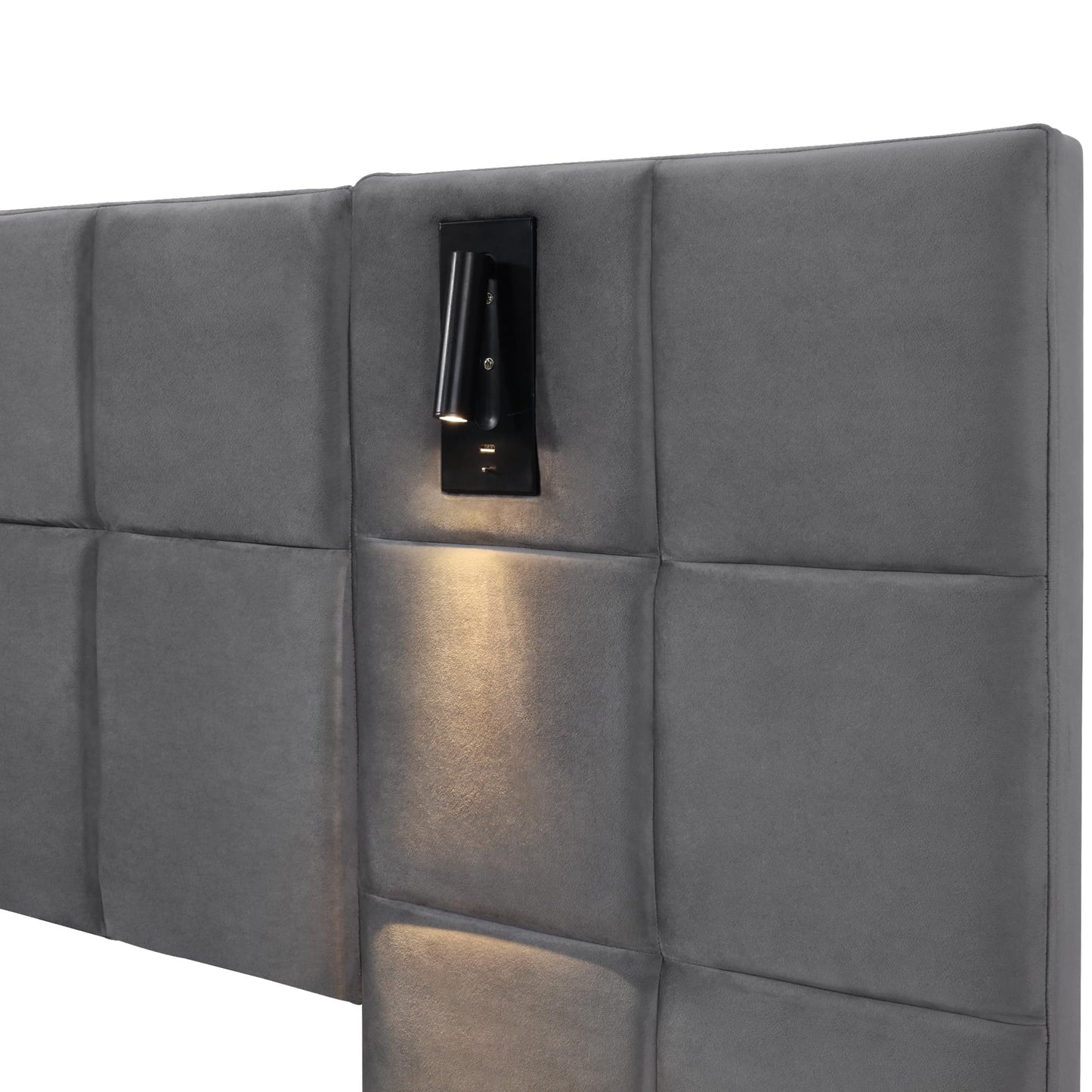 Fppuueg Cama Tapizada de 180x200cm, Cabecero Tapizado con USB y 2 Luces de Lectura, Estructura de Cama Doble con Soporte de Láminas de Madera y Almacenamiento Hidráulica, Sin Colchon, Terciopelo, Gris