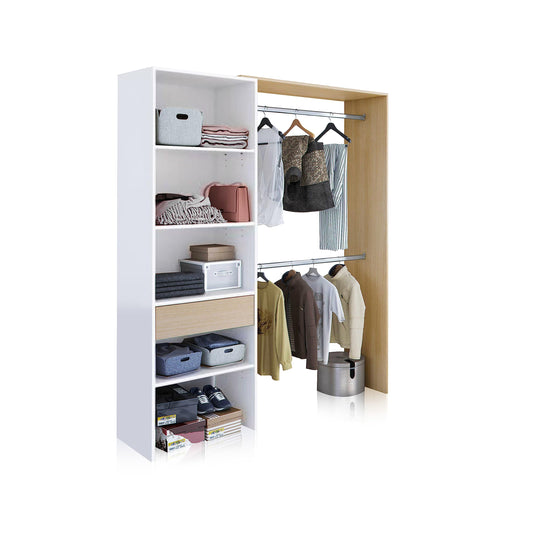 Habitdesign Armario Vestidor, Armario 2 Barras 4 Estantes 1 Cajón, 187x158x40 (AltoxAnchoxFondo - en cm), Vestidor Reversible Color Blanco Artik y Roble