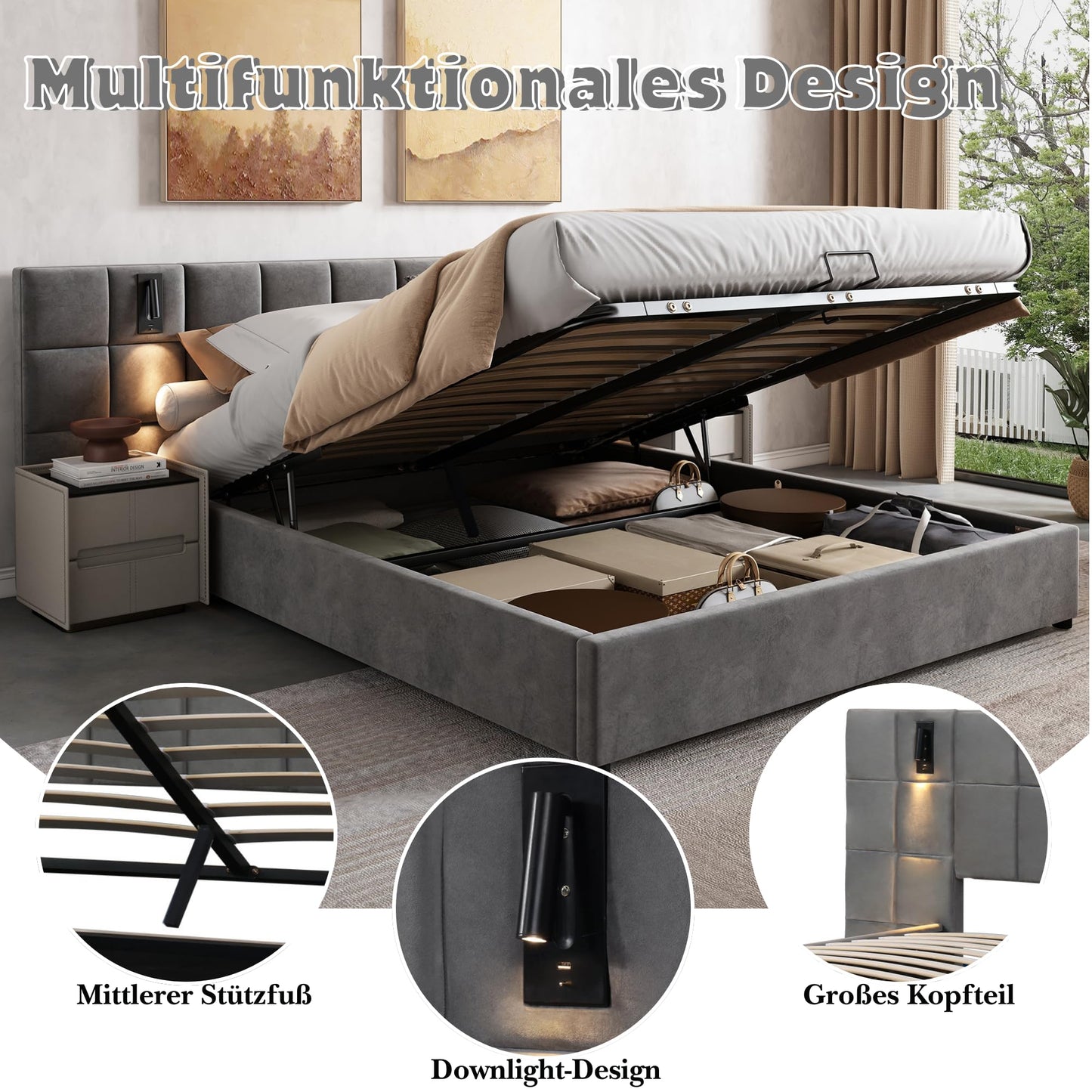 Fppuueg Cama Tapizada de 180x200cm, Cabecero Tapizado con USB y 2 Luces de Lectura, Estructura de Cama Doble con Soporte de Láminas de Madera y Almacenamiento Hidráulica, Sin Colchon, Terciopelo, Gris