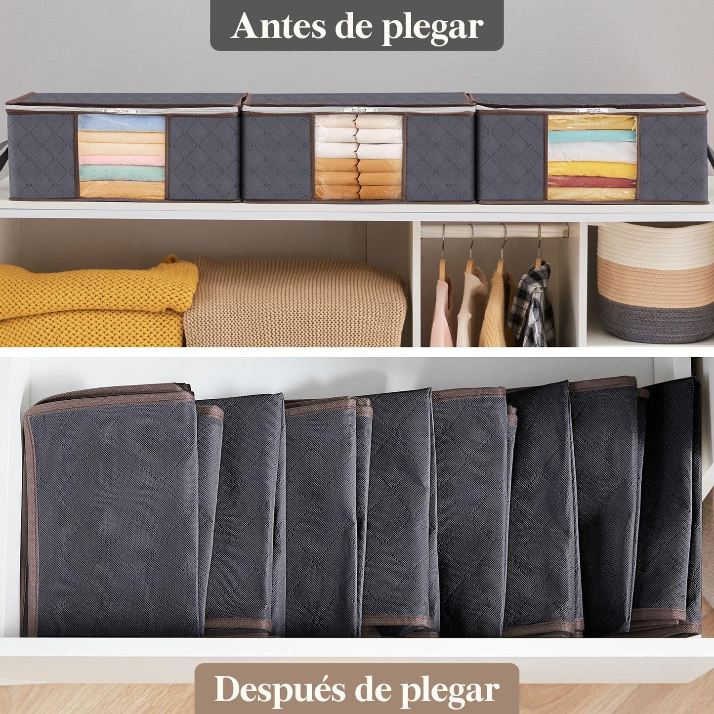 Lifewit 3 Piezas Organizador Ropa, Cajas Almacenaje Ropa Plegable con Asa Reforzada, Bolsas para Guardar Ropa de Tejido Resistente y Ventana Transparente para Suéteres, Abrigos, Mantas, 35L, Gris