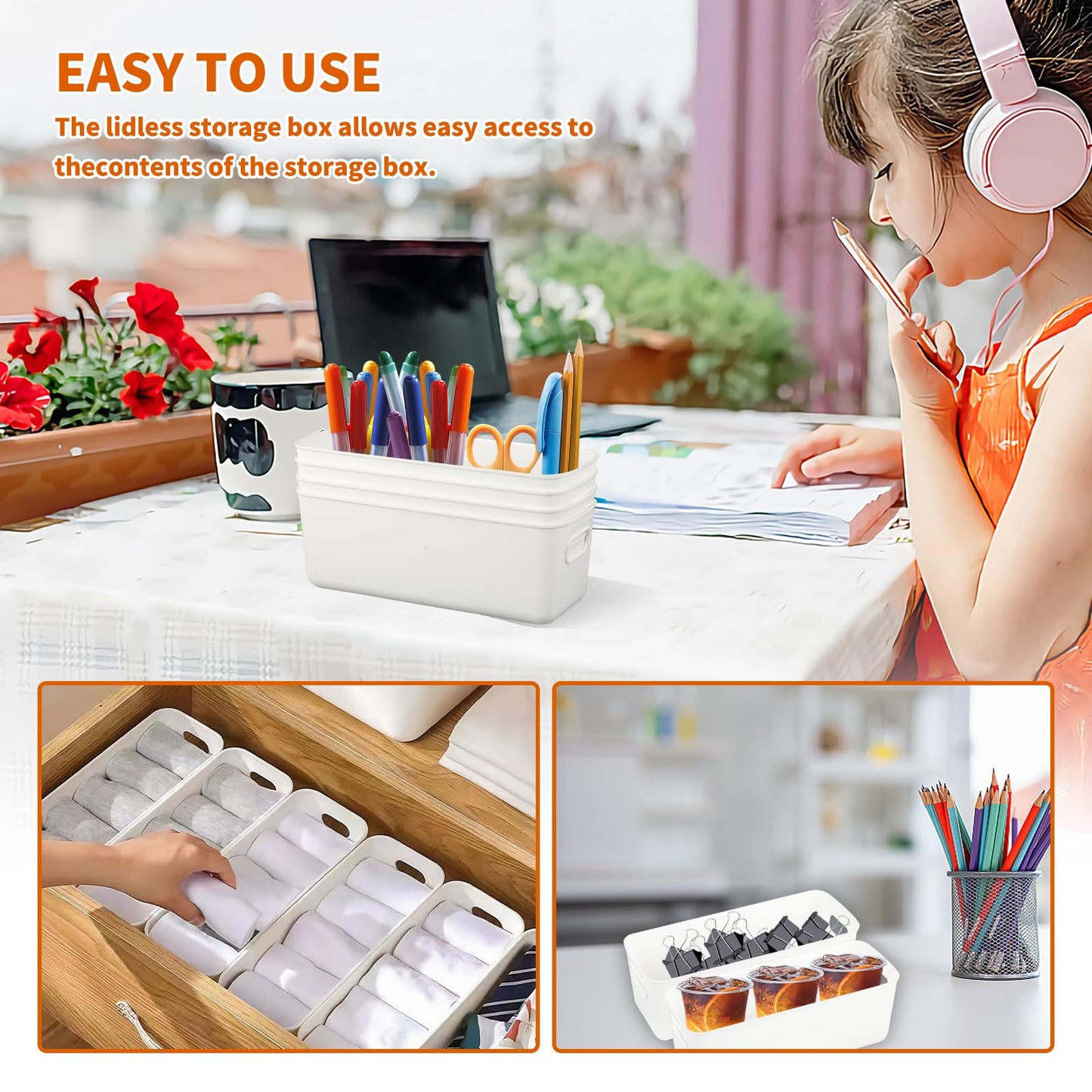 Bafumiu Pack de 4 Cajas de Almacenaje de Plástico 27 cm, Pequeñas Cestas Organizadoras Blancas, Perfectas para Cocina, Baño, Estantes, Diseño Práctico y Versátil para Usos Múltiples.