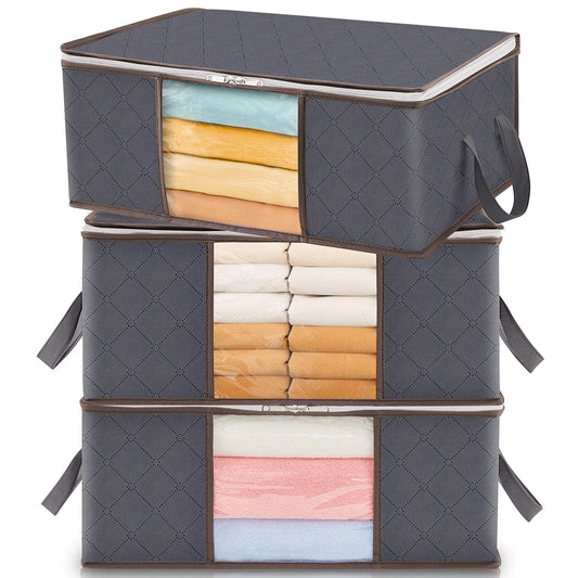 Lifewit 3 Piezas Organizador Ropa, Cajas Almacenaje Ropa Plegable con Asa Reforzada, Bolsas para Guardar Ropa de Tejido Resistente y Ventana Transparente para Suéteres, Abrigos, Mantas, 35L, Gris