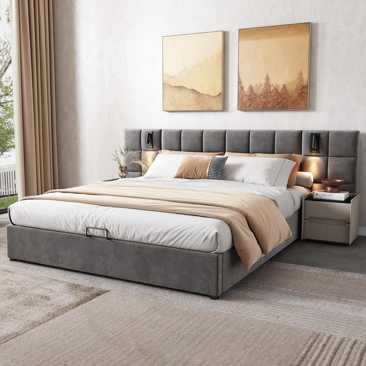 Fppuueg Cama Tapizada de 180x200cm, Cabecero Tapizado con USB y 2 Luces de Lectura, Estructura de Cama Doble con Soporte de Láminas de Madera y Almacenamiento Hidráulica, Sin Colchon, Terciopelo, Gris