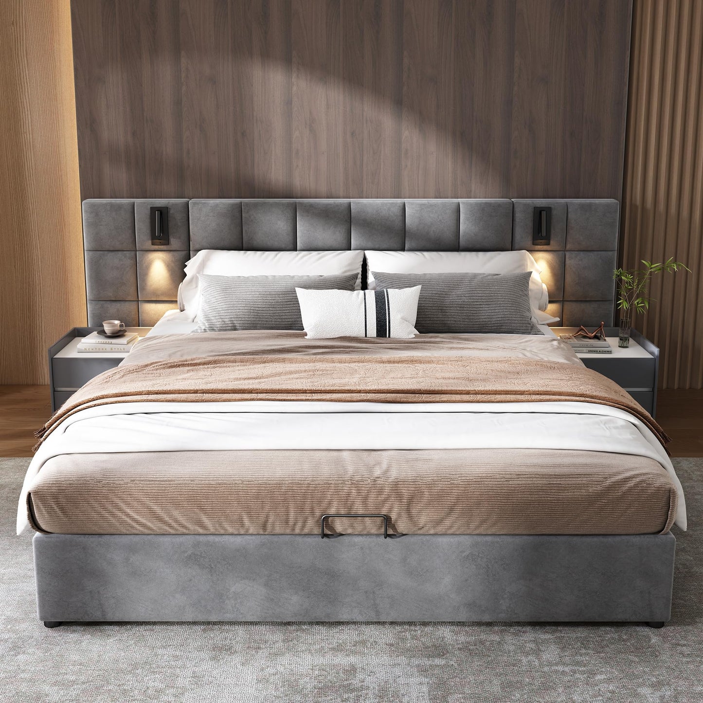 Fppuueg Cama Tapizada de 180x200cm, Cabecero Tapizado con USB y 2 Luces de Lectura, Estructura de Cama Doble con Soporte de Láminas de Madera y Almacenamiento Hidráulica, Sin Colchon, Terciopelo, Gris