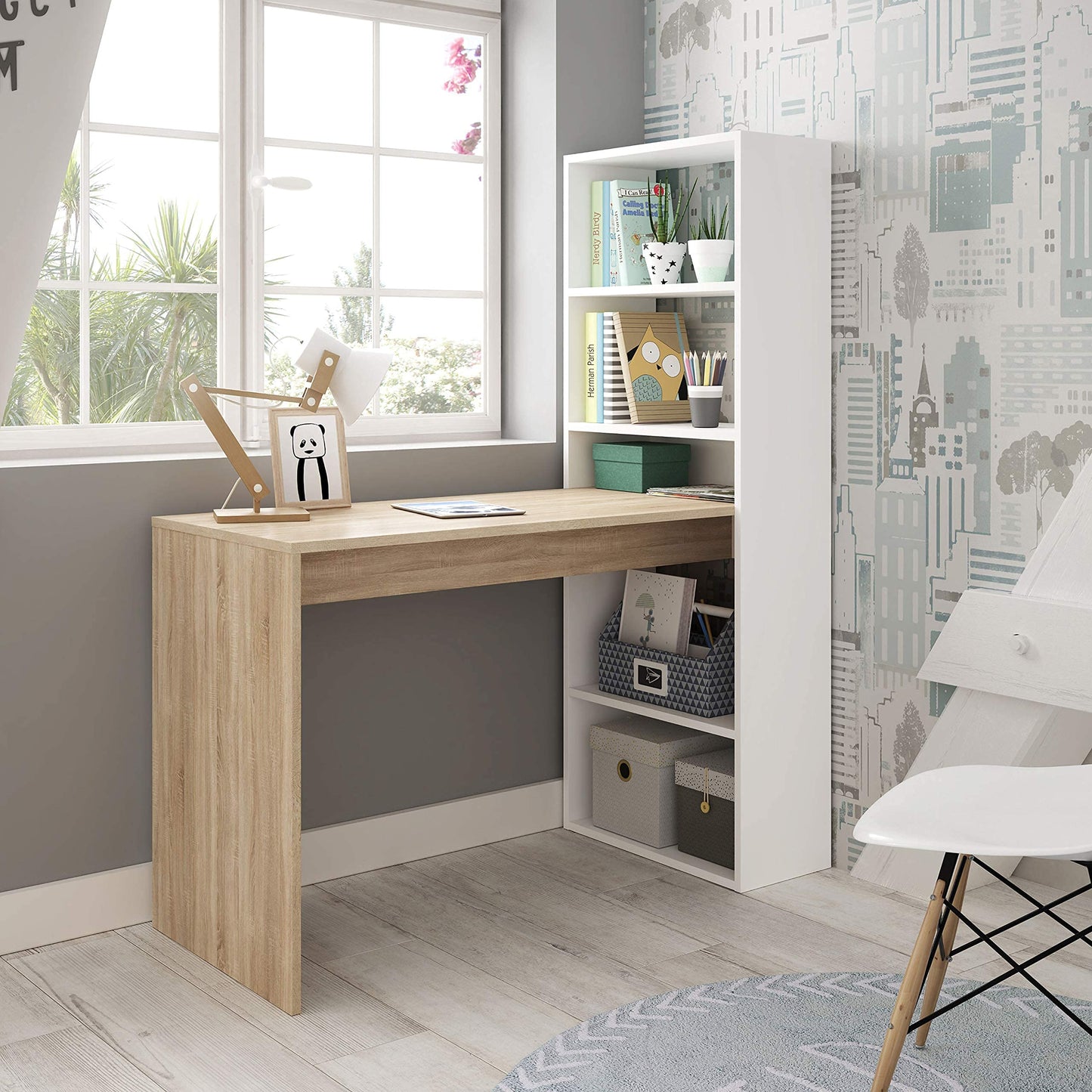 Habitdesign Escritorio con Estanteria Reversible, Mesa de Ordenador, Blanco Artik y Roble Canadian, Modelo Duplo, Medidas: 120 cm (Ancho) x 53 cm (Fondo) x 144 cm (Alto)