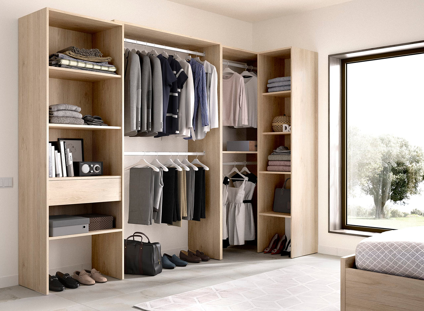 DEKIT GRUPO RIMOBEL SUIT - Conjunto de Vestidor rinconero con dos columnas y zona de barras - Natural - 187 cm (Alto) x 248 cm (Ancho) x 80 cm (Prof.)