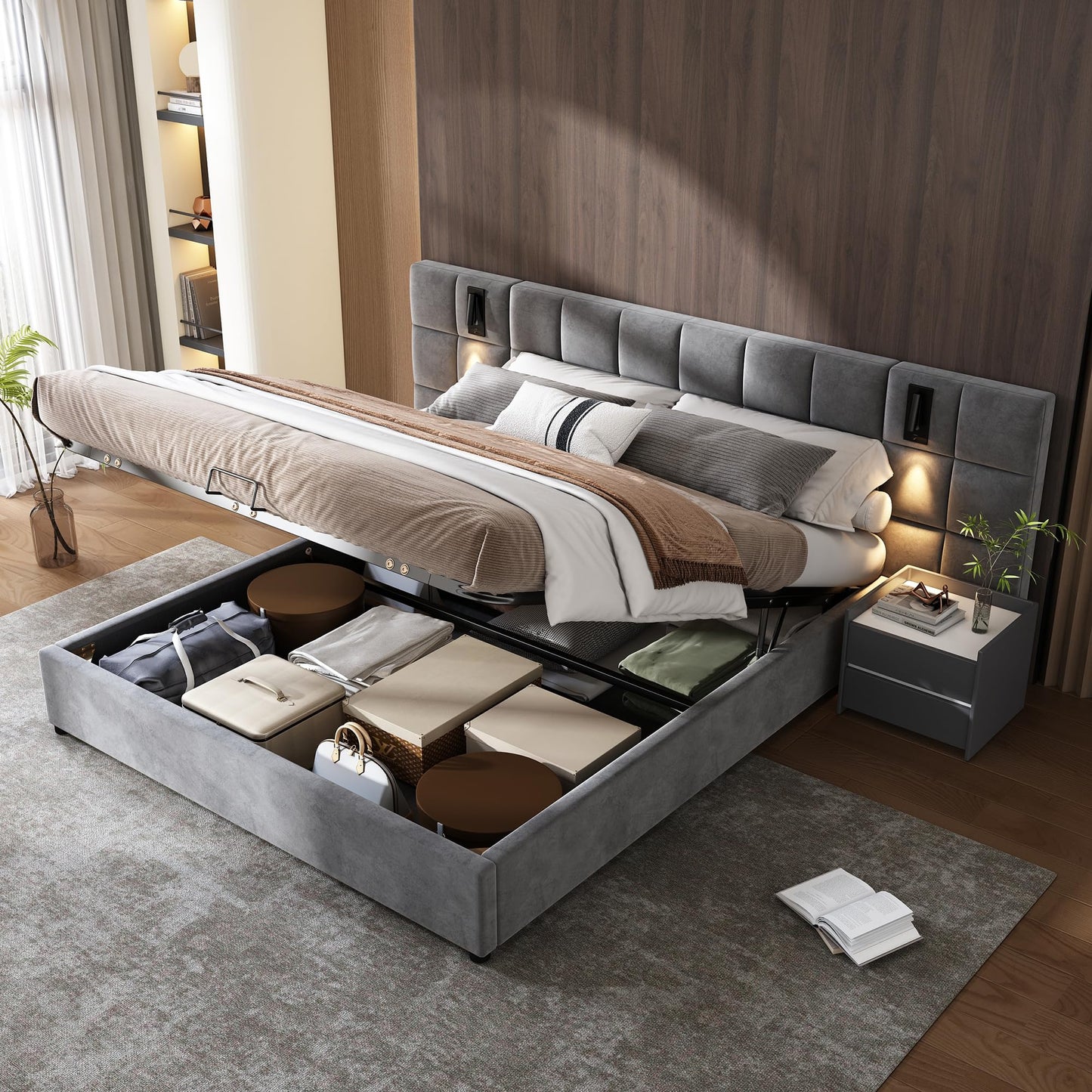 Fppuueg Cama Tapizada de 180x200cm, Cabecero Tapizado con USB y 2 Luces de Lectura, Estructura de Cama Doble con Soporte de Láminas de Madera y Almacenamiento Hidráulica, Sin Colchon, Terciopelo, Gris
