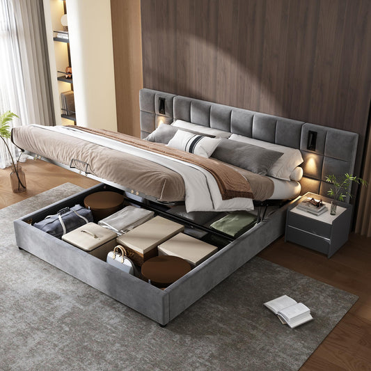 Fppuueg Cama Tapizada de 180x200cm, Cabecero Tapizado con USB y 2 Luces de Lectura, Estructura de Cama Doble con Soporte de Láminas de Madera y Almacenamiento Hidráulica, Sin Colchon, Terciopelo, Gris